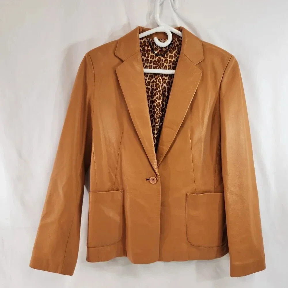 Cara Disposition Leather Blazer Jacket Animal Print Lining
